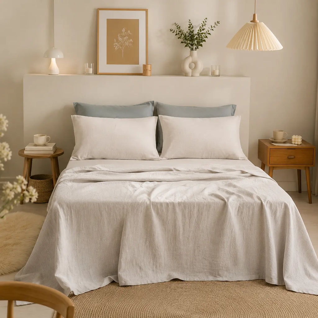 100% Linen 4-Piece Bed Sheet Set — 1 Flat Sheet, 1 Fitted Sheet & 2 Pillowcases — Breathable, Moisture-Wicking, Soft & Durable Bedding