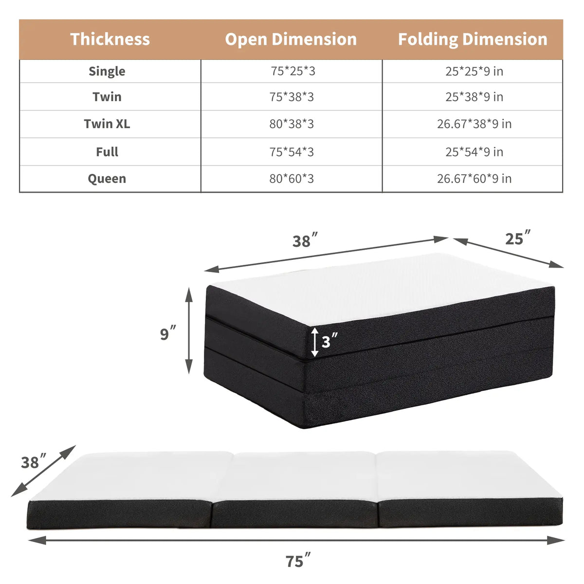 4-Inch Tri-Fold Memory Foam Folding Mattress
