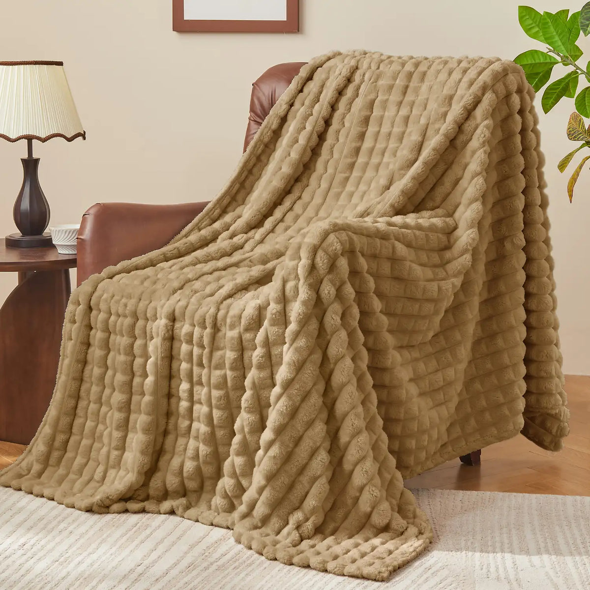 Textured Ribbed Checkered Fleece Throw Blanket – 3D Plush