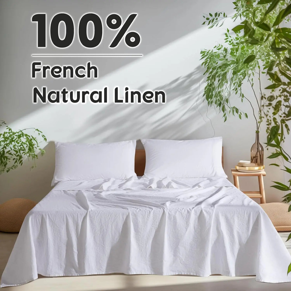 Natural Linen 4-Piece Sheet Set – 1 Fitted Sheet, 1 Flat Sheet & 2 Pillowcases