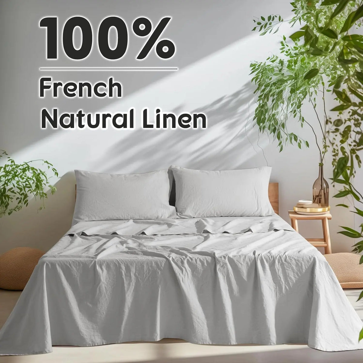 Natural Linen 4-Piece Sheet Set – 1 Fitted Sheet, 1 Flat Sheet & 2 Pillowcases