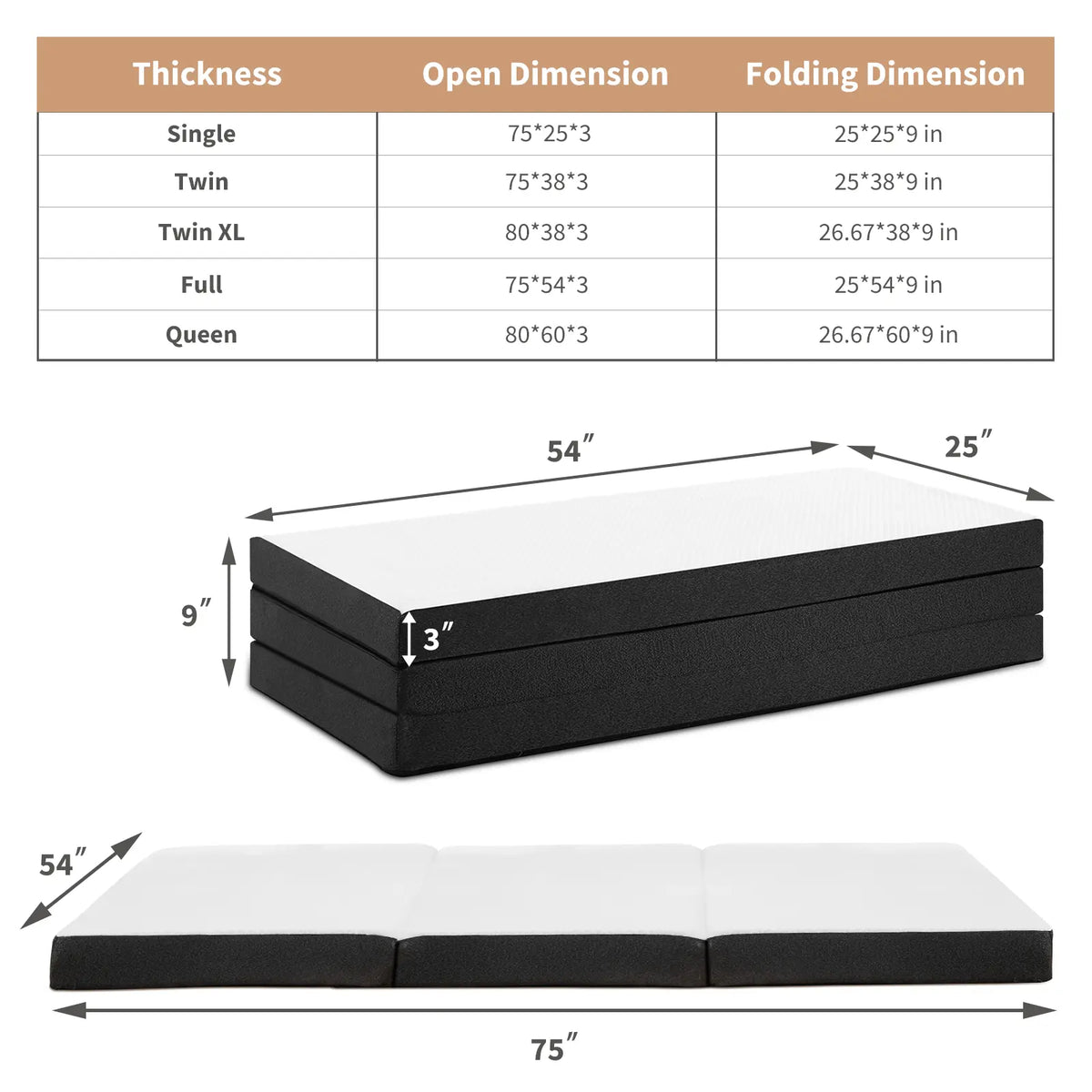 4-Inch Tri-Fold Memory Foam Folding Mattress