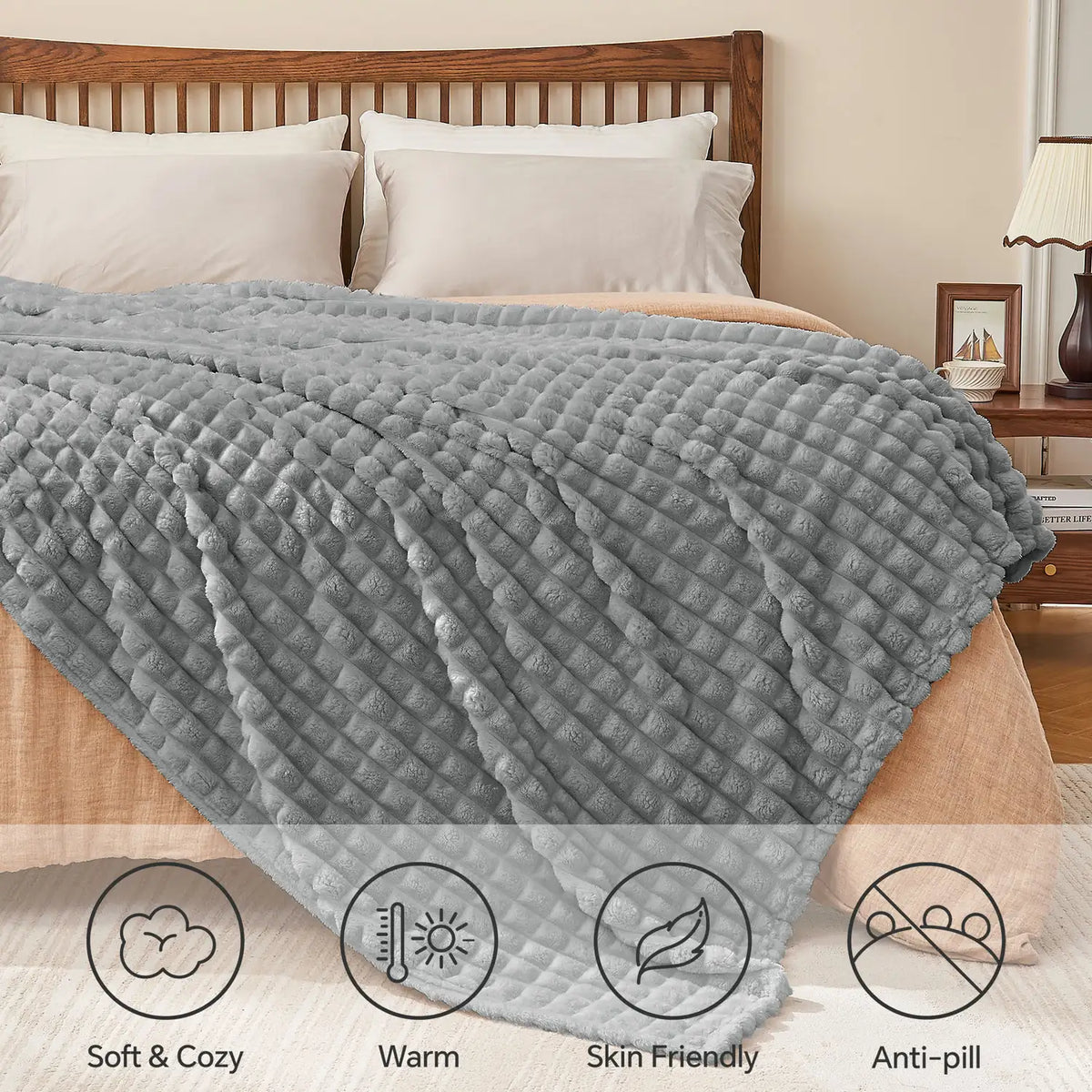 Textured Ribbed Checkered Fleece Throw Blanket – 3D Plush