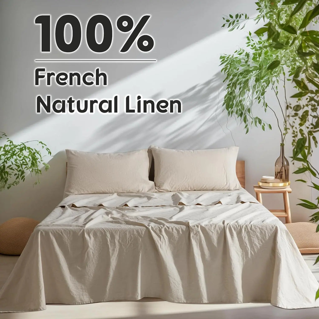 Natural Linen 4-Piece Sheet Set – 1 Fitted Sheet, 1 Flat Sheet & 2 Pillowcases