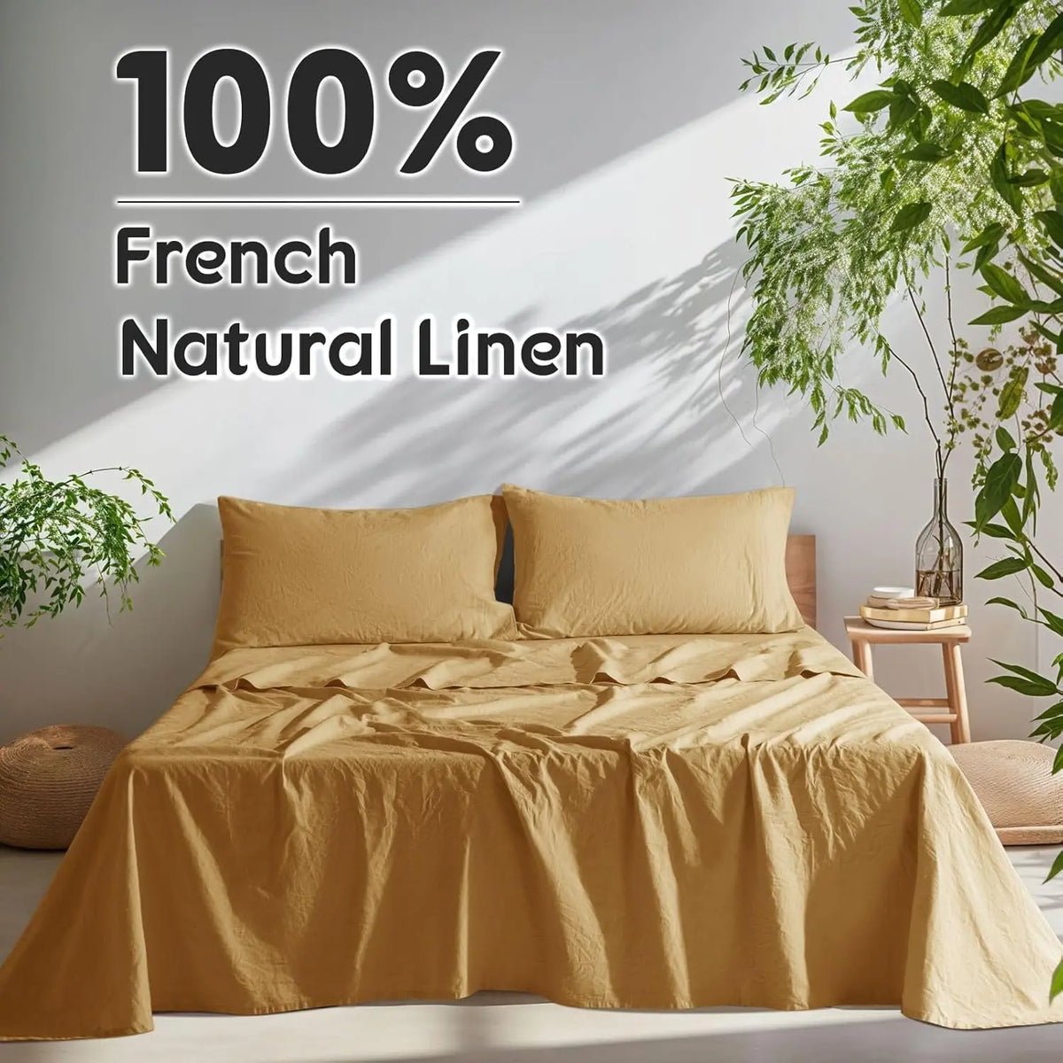 Natural Linen 4-Piece Sheet Set – 1 Fitted Sheet, 1 Flat Sheet & 2 Pillowcases
