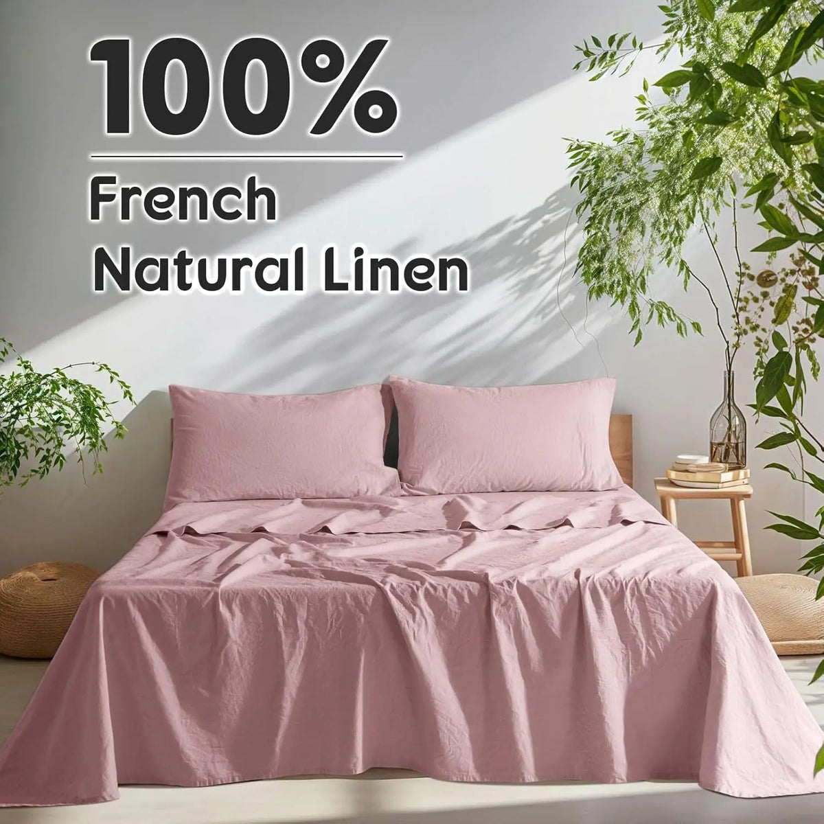Natural Linen 4-Piece Sheet Set – 1 Fitted Sheet, 1 Flat Sheet & 2 Pillowcases
