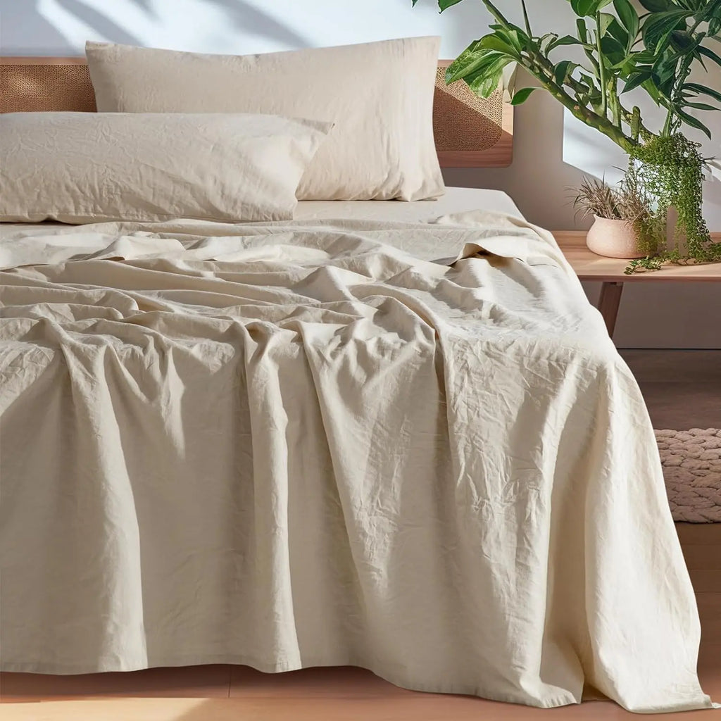 Natural Linen 4-Piece Sheet Set – 1 Fitted Sheet, 1 Flat Sheet & 2 Pillowcases