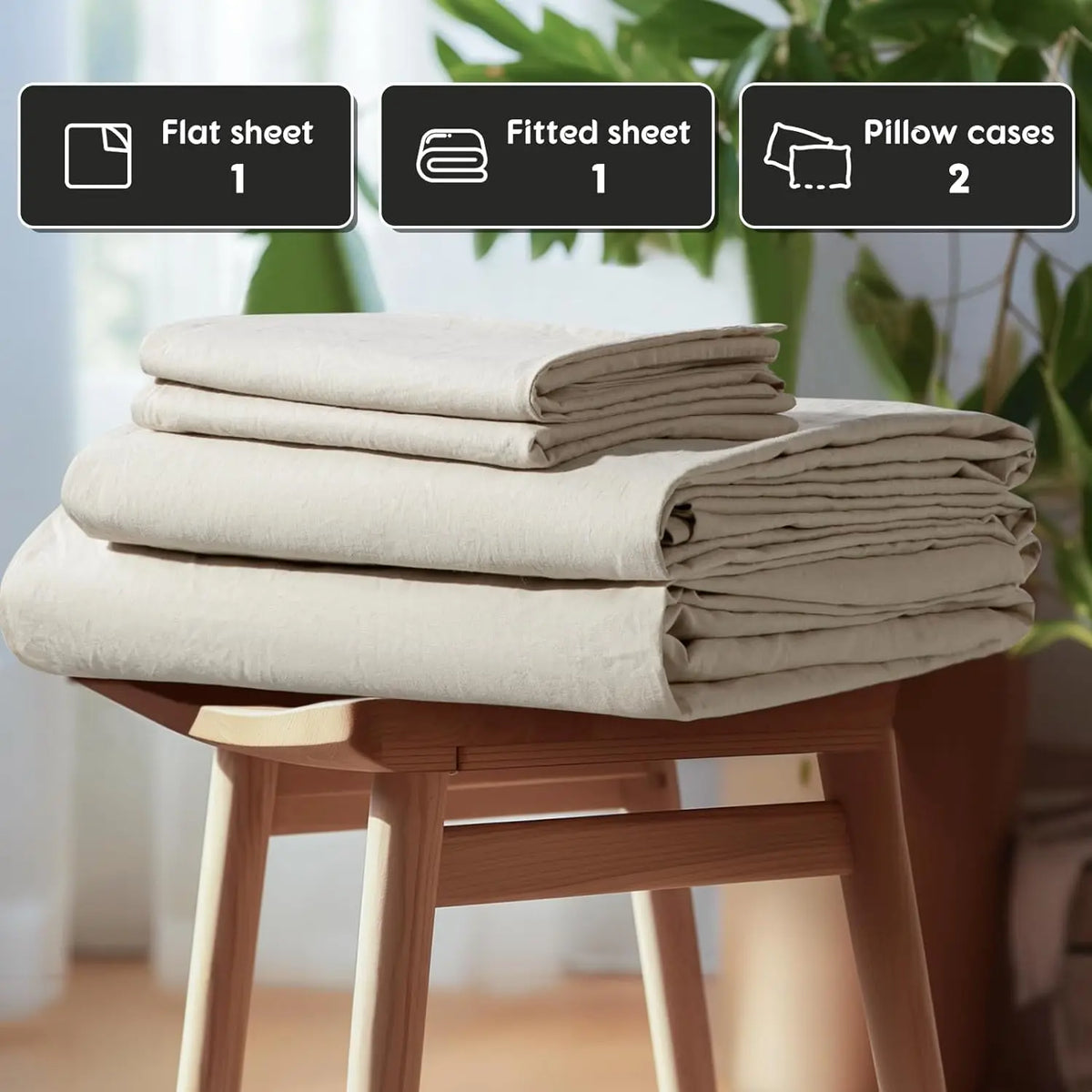 Natural Linen 4-Piece Sheet Set – 1 Fitted Sheet, 1 Flat Sheet & 2 Pillowcases